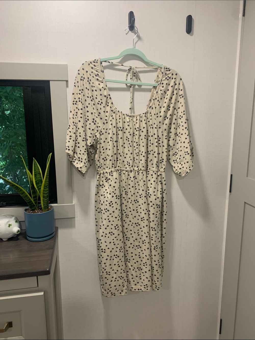Cream Polka Dot Midi Dress with Scoop Neck and Tie Back